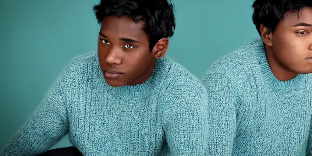 Image similar to Male, Male, Male, Male, Male, short hair, blue hair, dark skin, teal sweater, wavy hair, photograph, hd,