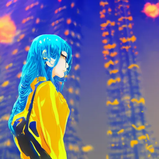 Image similar to anime ukrainian girl, in blue and yellow clothes, watching explosions in big city, concept art, trending on artstation, highly detailed, intricate, sharp focus, digital art, 8 k