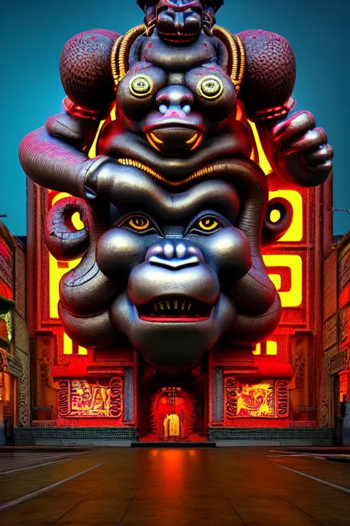 Image similar to high quality 3 d render post - rococo cyberpunk hanuman! head building, neon madhubani, open mouth, highly detailed, in sci - fi new delhi, cinematic smooth unreal engine, lee madgwick & liam wong, dramatic light, low angle, uhd 8 k, sharp focus