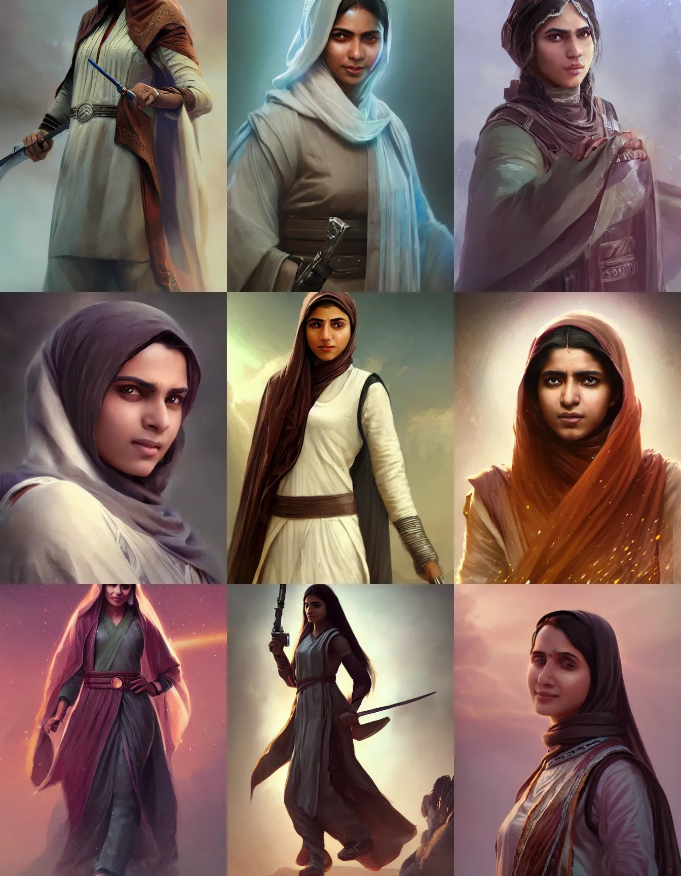 Prompt: young pakistani woman jedi, wearing jedi robes and a kurta, strong, muscular, smiling, digital portrait by greg rutkowski, intricate, soft focus, highly detailed, cinematic, epic, artstation