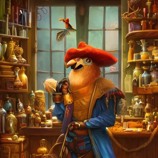 Image similar to Anthropomorphized parrot trader in his shop, portrait, items, magic potions, carpet, window, fancy hat, sly expression , cunning expression, cute expression, D&D, fantasy, cinematic lighting, highly detailed, digital painting, artstation, concept art, smooth, sharp focus, illustration, warm light, cozy warm tint, magic the gathering artwork, volumetric lighting, 8k, art by Akihiko Yoshida, Greg Rutkowski