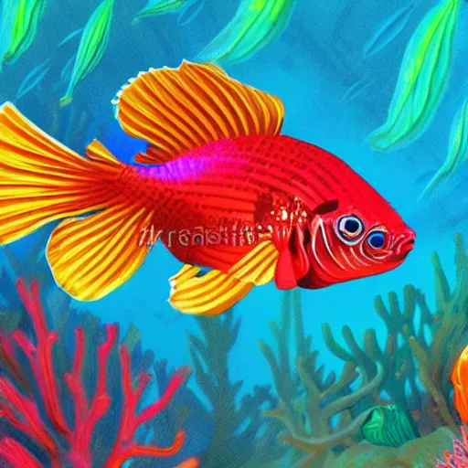 Image similar to coral underwater colorful, fantasy, intricate, highly detailed, little fish and sea life digital painting, hd, trending on artstation, illustration, fine lines, sharp edges, colourful, siamese fighting fish