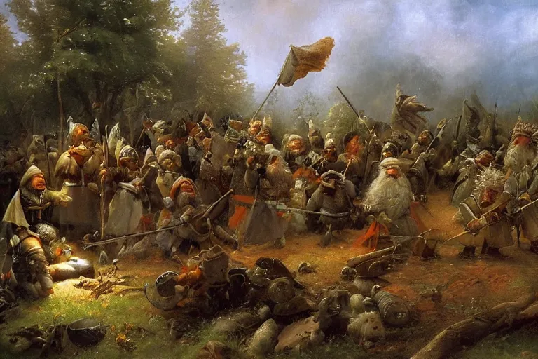 Image similar to hyperborean battle painting of gnomes sieging a encampment held by squirrels by Emanuel Leutze