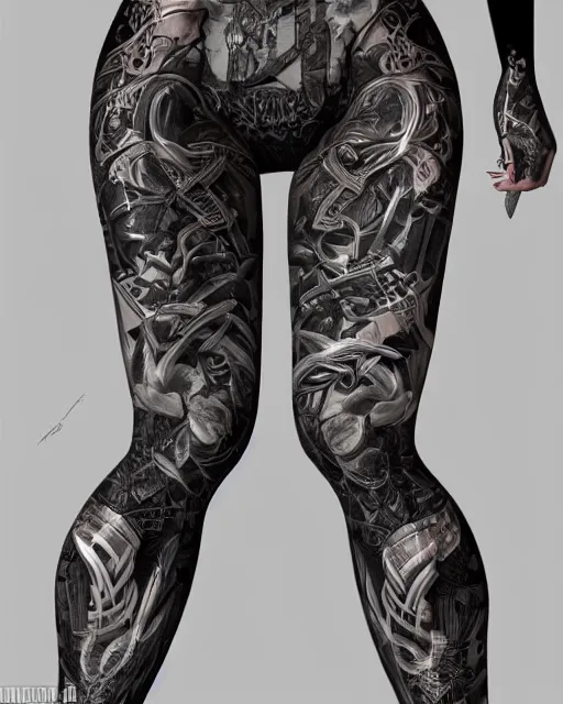 Prompt: Perfect leggings pattern imitating tattooes, focus on the pants and boots with graved runes, close-up on legs, highly detailed, digital painting, artstation, concept art, smooth, sharp focus, illustration, art by Artgerm and Hajime Sorayama