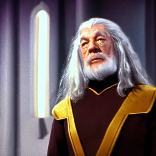 Prompt: A still of Gandalf as Captain Kirk on Star Trek, sharp focus, high quality, 4k