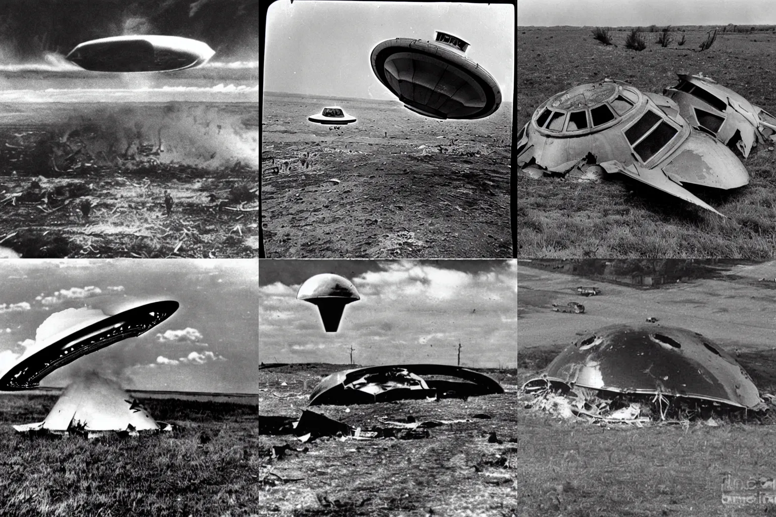 Prompt: UFO Crash. 1940s photograph