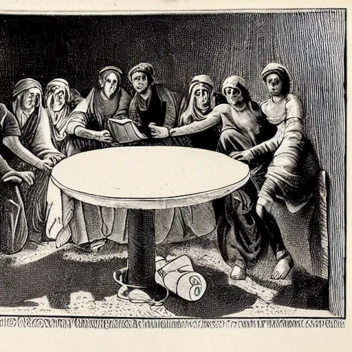 Prompt: A beautiful street art of a group of people standing around a circular table. In the center of the table is a large, open book. The people in the street art are looking at the book with interest and appear to be discussing its contents. Phoenician, nuremberg chronicle by Edward Weston a e s t h e t i c, soothing