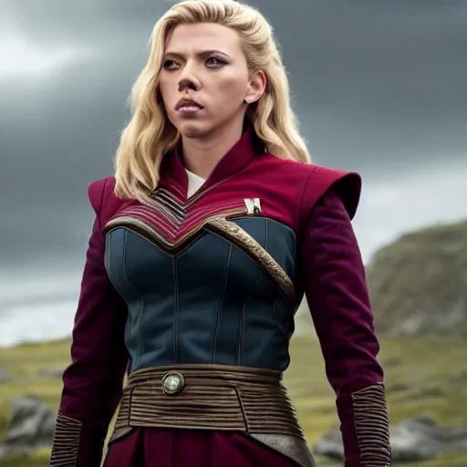 Image similar to starfleet uniform, portrait of scarlett johansson as lagertha, in starfleet uniform, from the tv series vikings