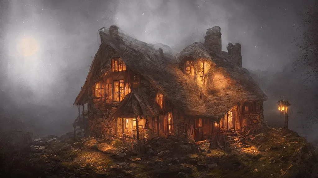 A dark decrepit cottage on a mountaintop at night, lit | Stable ...