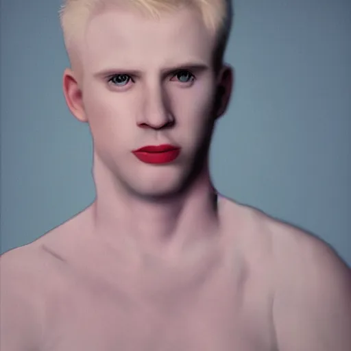 Image similar to realistic expired kodak film portrait of albino chris evans, hyperrealism, photorealistic, detailed, atmospheric, 8 k, award winning photography, cinematic