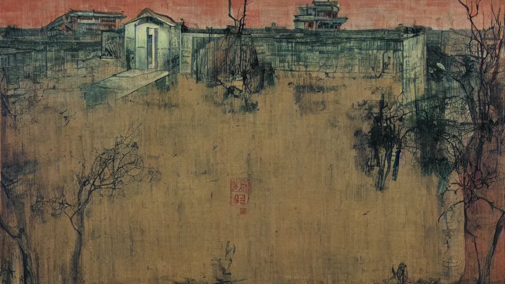 Image similar to a chinese prison near a river by peter doig, muted colors