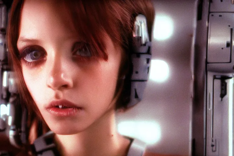 Image similar to cinematography closeup portrait of a cyborg girl in a cyberpunk apartment by Ridley Scott