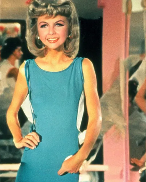 Prompt: Young Olivia Newton John, dressed as Sandy Olson from the movie Grease, at the Pearly gates of Heaven, photorealistic, beautiful, ethereal