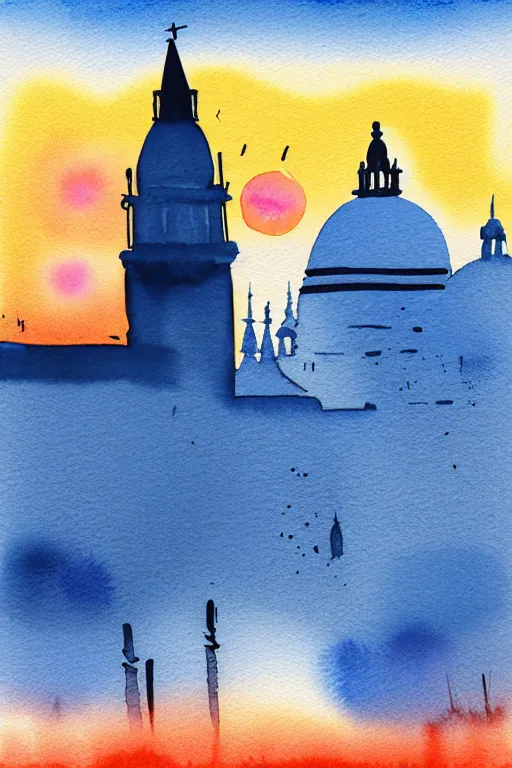 Image similar to minimalist watercolor art of venice at sunset, illustration, vector art