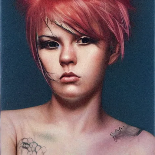 Image similar to A young woman with dyed hair hair looking disgusted away from the camera, Punk, Portrait by Noriyoshi Ohrai