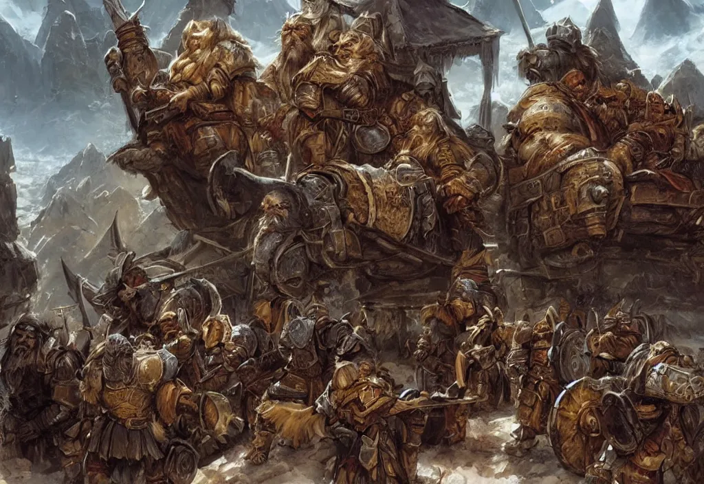 Prompt: a dwarven caravan travelling through the mountains with a large wagon, armored guards and merchants | hyperdetailed | d&d | lord of the rings | ralph horsley | wayne reynolds |