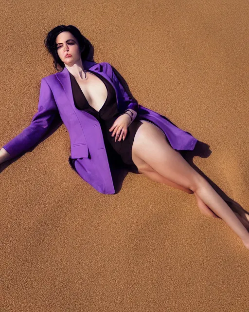 Image similar to olivia laying in the desert sand, wearing a purple blazer, black hair, freckles, pale skin, photo by greg rutkowski, harsh shadows, bright lighting, female beauty, intricate detail, elegance, sharp shapes, masterpiece