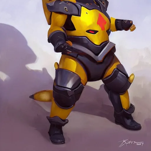 Image similar to greg manchess portrait painting of armored pikachu as overwatch character, medium shot, asymmetrical, profile picture, organic painting, sunny day, matte painting, bold shapes, hard edges, street art, trending on artstation, by huang guangjian and gil elvgren and sachin teng