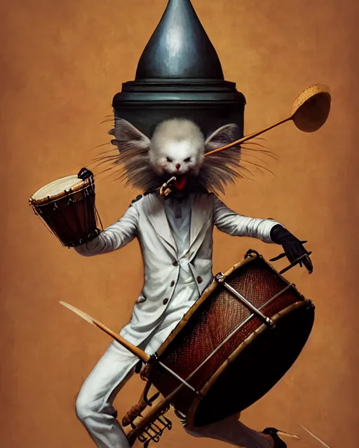 Image similar to anthropomorphic art of a anthropomorphic white bat playing the drum set, victorian clothing by artgerm, victo ngai, ryohei hase, artstation, highly detailed digital painting, smooth, global illumination, fantasy art by greg rutkowsky, karl spitzweg