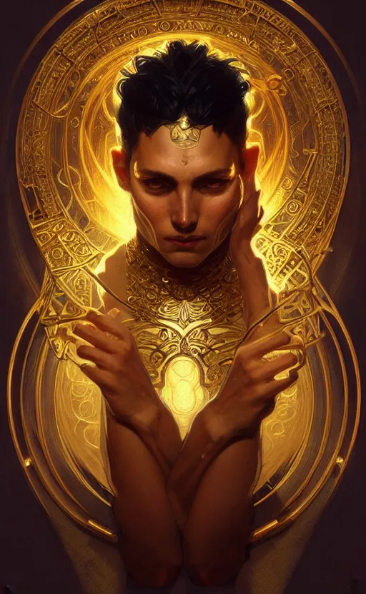 Image similar to portrait of a young handsome dark god, gold wires, three quarter view, intricate, headshot, highly detailed, digital painting, artstation, concept art, sharp focus, cinematic lighting, illustration, art by artgerm and greg rutkowski, alphonse mucha, cgsociety