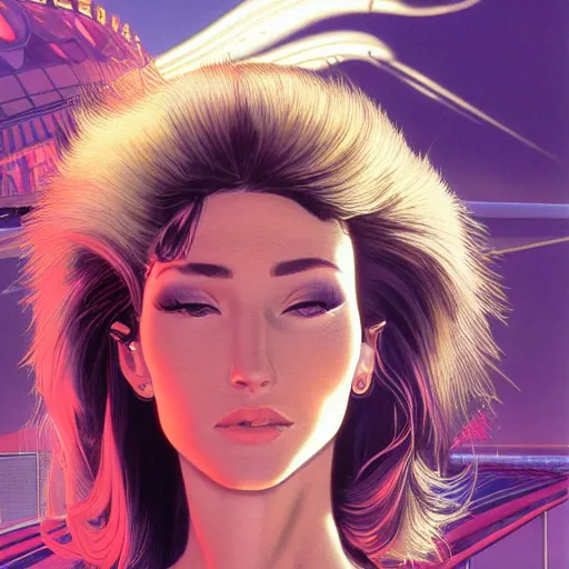 Image similar to detailed face of a woman, cool skydome, fresh atmosphere, ambient, rick guidice, syd mead, hajime sorayama