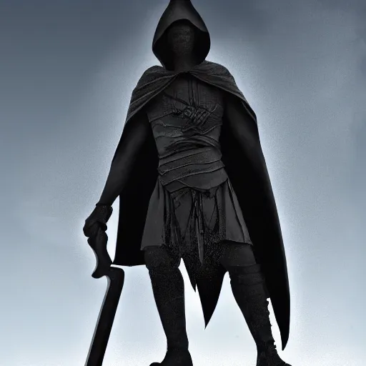 Image similar to a man in a grey cloak holding his black spear up to the sky, Digital art