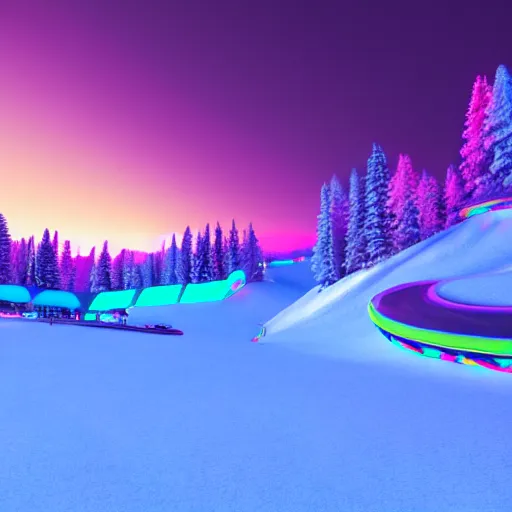 Image similar to : psychedelic ski resort, hyper - realistic, detailed, render by c 4 d octane, unreal engine, 8 k 3 d render ray traceing