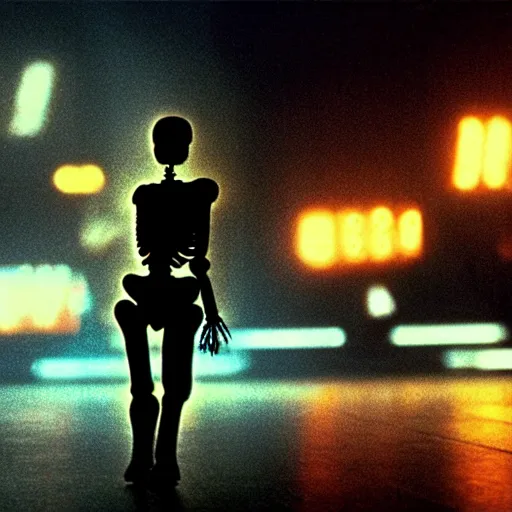 Prompt: a glowing skeleton walking. still from blade runner.