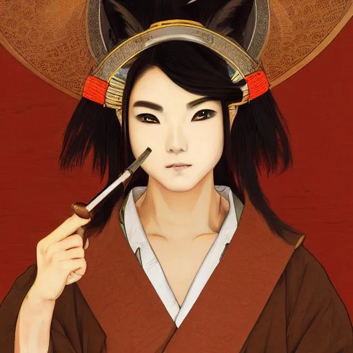 Prompt: fox, smoking wooden pipe, kumadori makeup, inside japanese temple, national geographic, anime style, symmetrical facial features, avatar for website, hyper realistic, rule of thirds, extreme detail, 4 k, detailed drawing, trending artstation, realistic lighting, by alphonse mucha, greg rutkowski, sharp focus, backlit