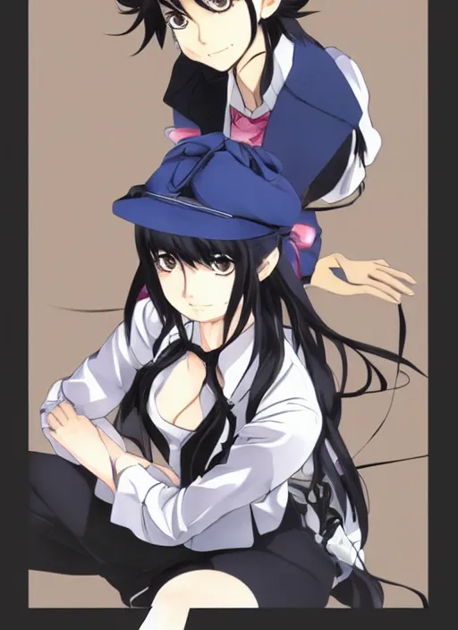 Image similar to key anime visual of a beautiful girl wearing a beige beret and blue shirt; long black hair; anime; drawn by Shigenori Soejima; 3 tone colors