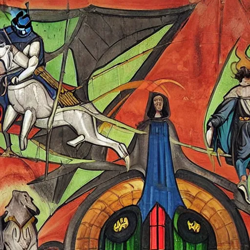 Prompt: a medieval church mural depicting batman chasing the joker, batman and the joker medieval art