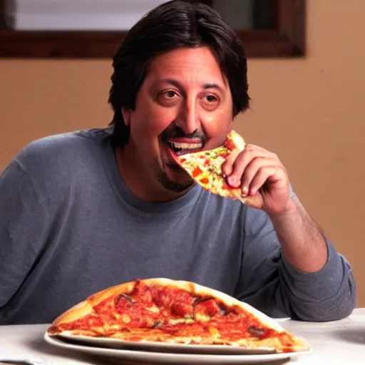 Image similar to Ray Romano eating a slice of pizza