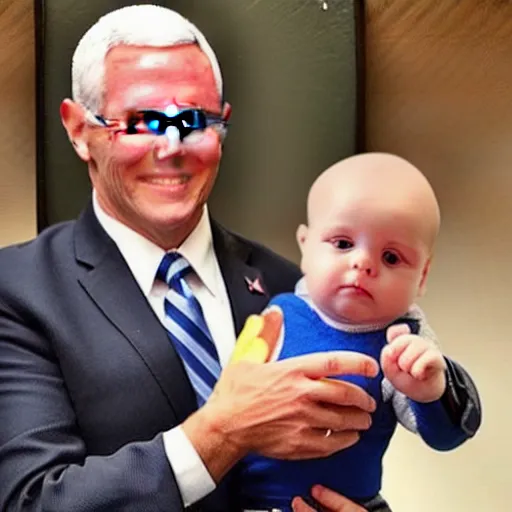 Prompt: mike pence holding a baby that looks exactly like him