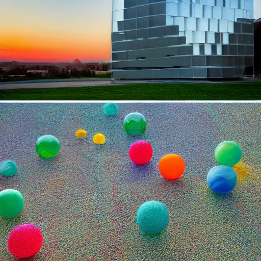 Prompt: extremely de,tailed non-Euclidean st,unning so,phisticated th,in be,autiful ho,use of 6 ca,ntilevered co,nstruction levels made of multi-colored plastic balls , stunning volumetric light, sunset, multi-colored concrete and glass and translucent material, stunning ski, zen sand carved lawn, drawing by Giacomo Burattini and Shania McDonagh and grok, 8k