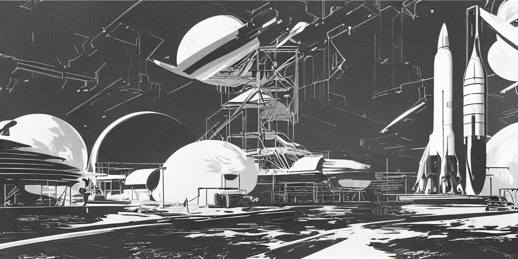 Image similar to retrofuturistic rocket launch base by Syd Mead,