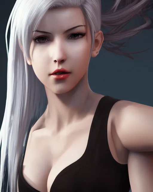 Prompt: tifa lockhart with white hair, beautiful face, perfect, attractive, illuminated, ultra realistic, atmosphere, cinematic, artstation, highly detailed, art by blair armitage and seunghee lee