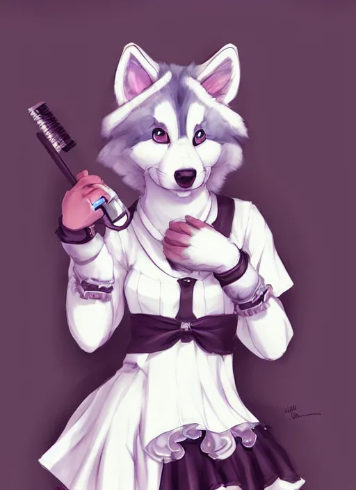 Image similar to beautiful portrait commission of a cute furry anthro husky dog fursona french maid clothes in a cozy home. character design by charlie bowater, ross tran, artgerm, and makoto shinkai, detailed, inked, western comic book art