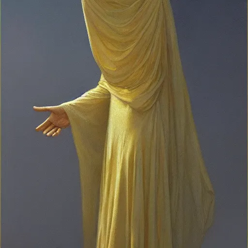 Image similar to a silhouette dressed with a shroud wears a golden human face, by jean delville and sophie anderson and mandy jurgens, golden ratio, perfect composition, elegant, no crop, extremely detailed, hd, masterpiece, artstation