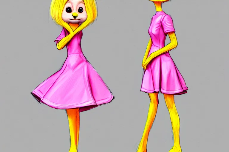 Prompt: detailed fashion sketch : female ferret character : wearing jewelry : wearing a pink dress : wearing yellow hat : head torso legs feet : lorax movie : artstation
