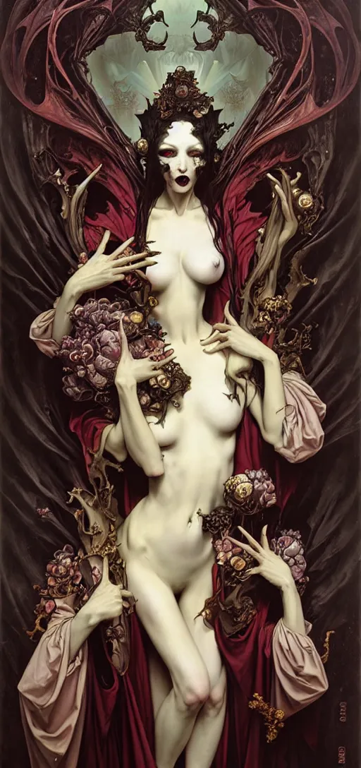 Image similar to baroque oil painting of vampire princess in gothic robes, by nekro, peter mohrbacher, alphonse mucha, brian froud, yoshitaka amano, kim keever, victo ngai, james jean