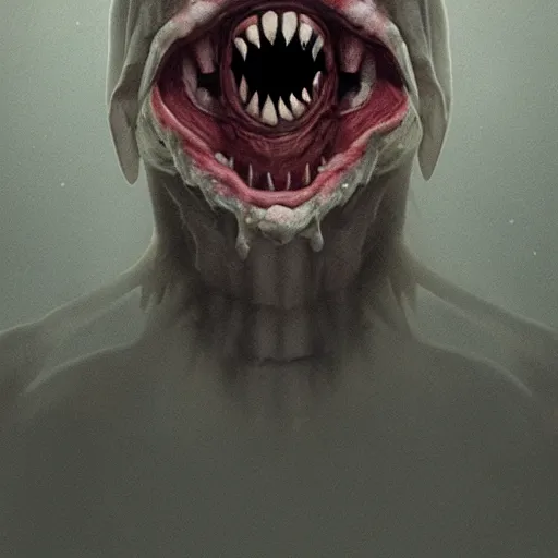 Image similar to creature with immensely small pupils, [ staring menacingly from a picture window ], sharp teeth, trending on cgsociety, eerie!!! atmosphere, grim, gloomy lighting!!!