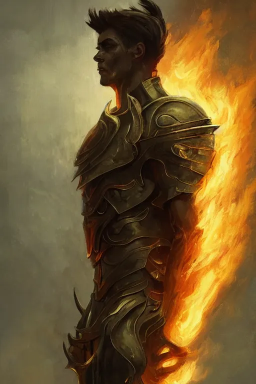 Image similar to a masculine elegant man from sideview with large shoulders, armor, and wearing golden laurel wreath, there are flames behind him, ethereal horror fantasy art by greg rutkowski and magali villanueve and monet con