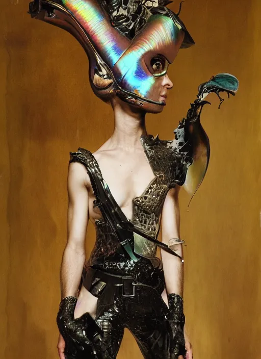 Image similar to a woman with iridescent skin, pirate weapons, by van herpen, iris