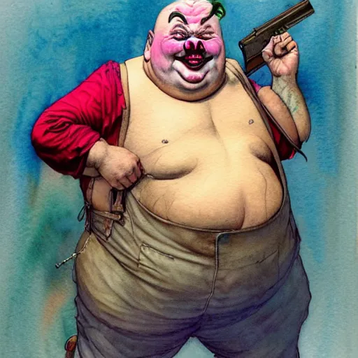 Prompt: a realistic and atmospheric watercolour fantasy character concept art portrait of a fat clown with pink eyes wearing a wife beater and holding a gun. by rebecca guay, michael kaluta, charles vess and jean moebius giraud