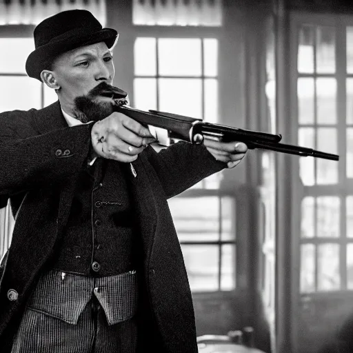 Prompt: a scene from peaky blinders, medium shot, tom hardy firing a revolver, sharp eyes, serious expressions, detailed and symmetric faces, black and white, epic photo, action cover by talented photographer ansel adams