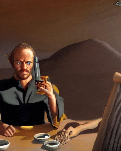 Image similar to rhett sarlin sitting at a table in a cantina on tatooine, portrait by ralph mcquarrie