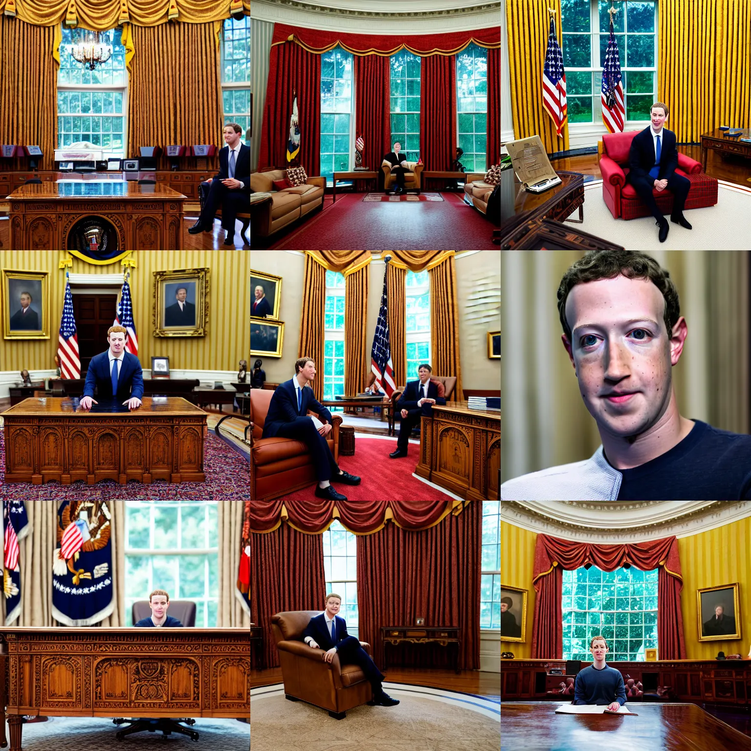 Prompt: headshot of Mark Zuckerberg as the president of the united states sitting in the couch in the oval office, EOS-1D, f/1.4, ISO 200, 1/160s, 8K, RAW, unedited, symmetrical balance, in-frame, Photoshop, Nvidia, Topaz AI