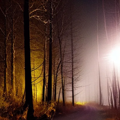 Image similar to deep forest in the night, shooting on the run, ghost far away behind the trees, poor quality of photography, 1/2 second shutter speed