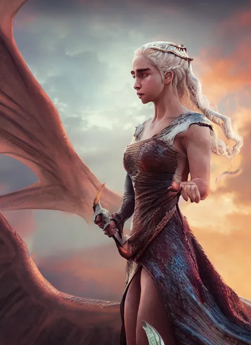 Image similar to An epic fantasy comic book style portrait painting of Daenerys Targaryen and her dragons, Unreal 5, DAZ, hyperrealistic, octane render, cosplay, RPG portrait, dynamic lighting