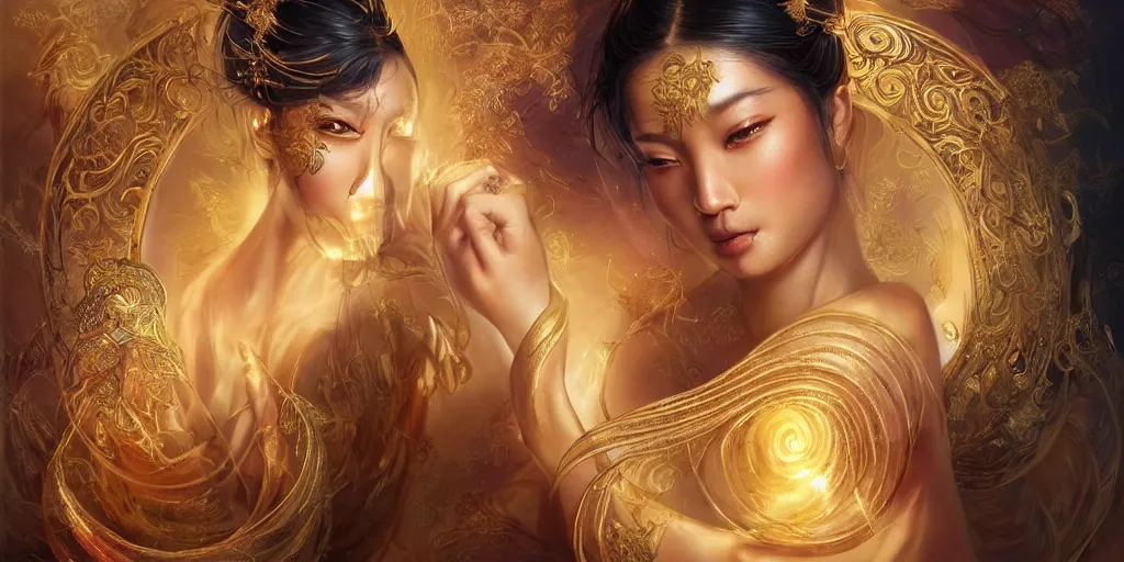 Prompt: asian nymph goddess, of bliss flowing golden silk twisting with elegant tattoos of cursive golden inked sigils on her opalescent skin, fantasy, intricate, very beautiful, elegant, golden light, highly detailed, art by artgerm and greg rutkowski and peter mordenbacher